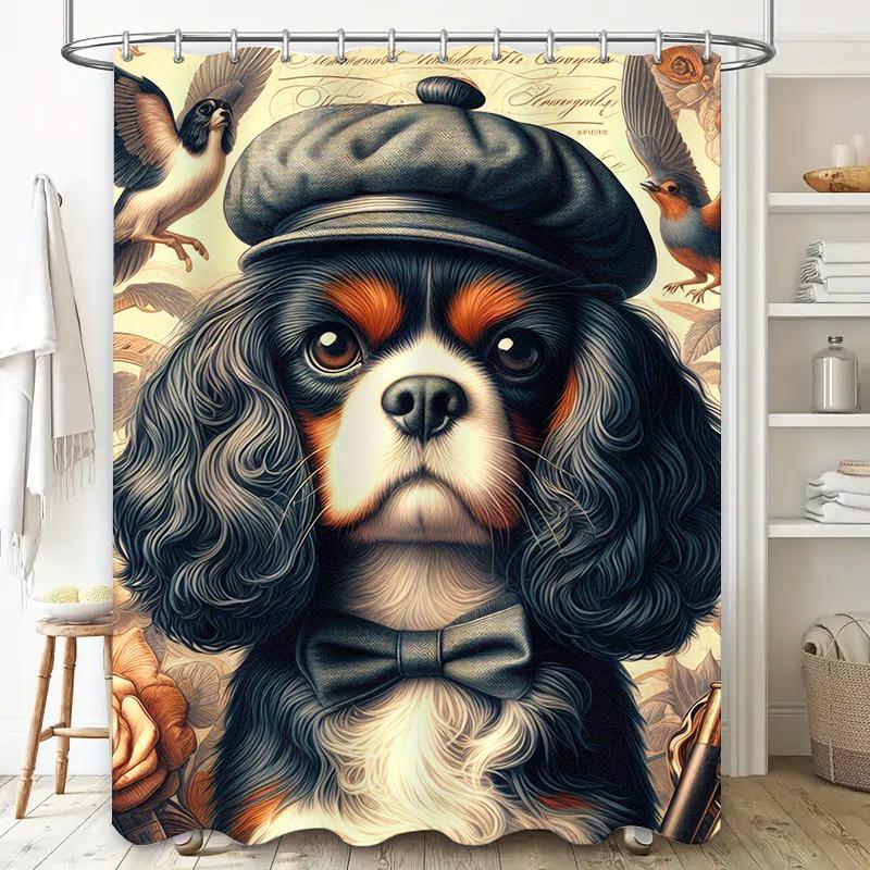 Animal Print Shower Curtain Vintage Style Dog Decor for Bathroom Floral Design Waterproof Fabric Perfect Gift Idea