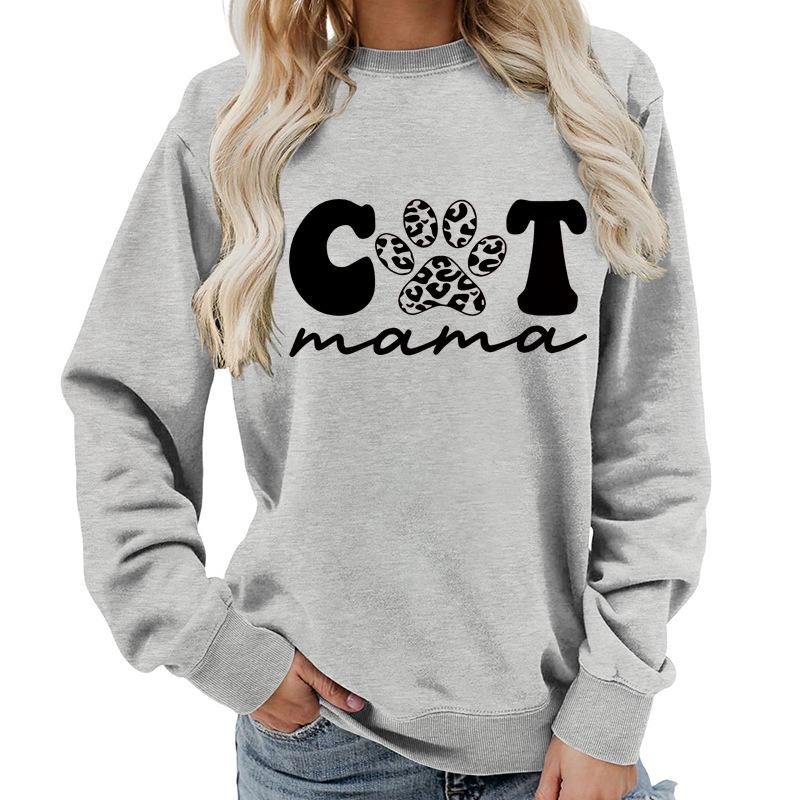 Women's Fashion Round Neck Long Sleeve Colorful Cat  Letter Top Sweatshirt