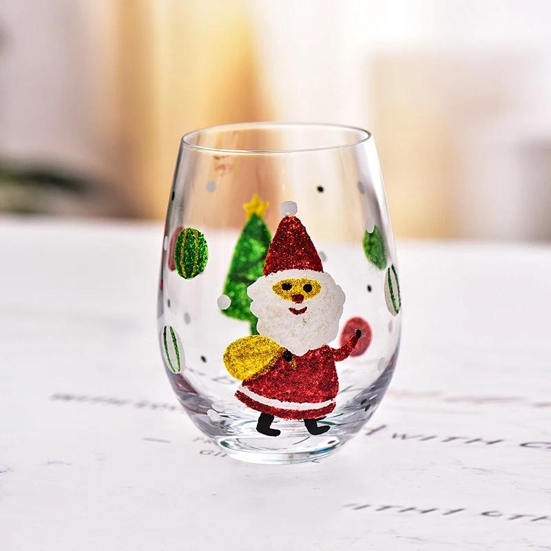 Christmas Glass Goblet Red Wine Glass Hand-Painted Christmas Tree Snowman Pattern Champagne Glass Household Wine Cup Xmas Gifts 401-500ml