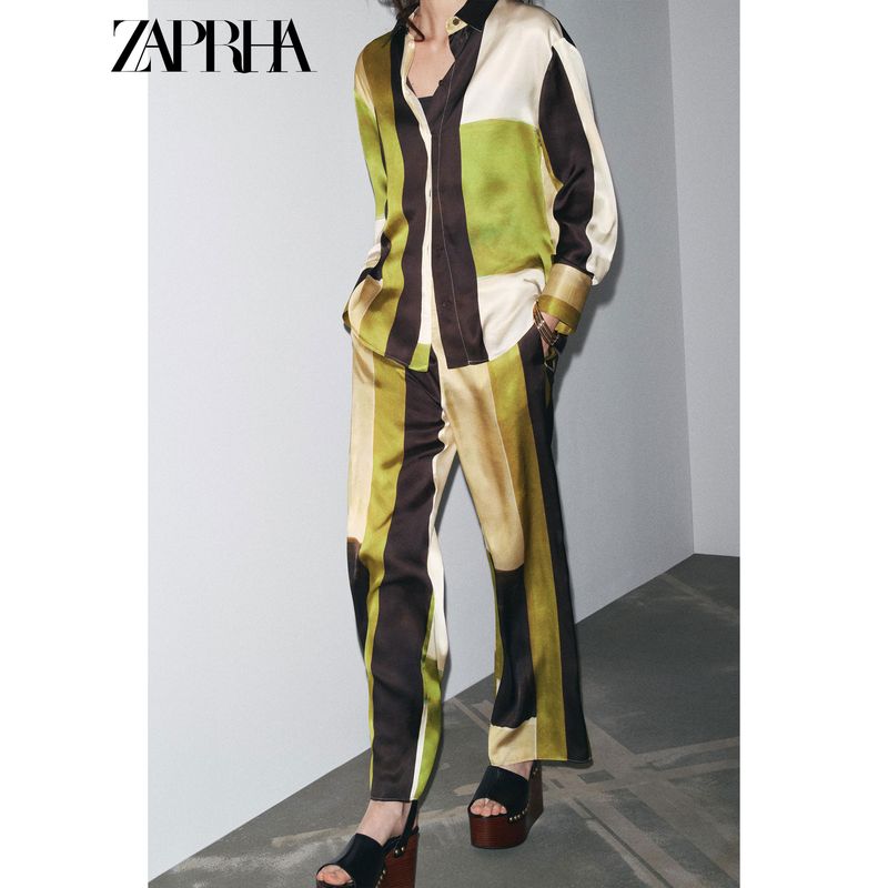 Zaprha 2025 Summer New Advanced Fashion Silk Satin Satin Texture Print Mid-Waist Straight Pants 9064816