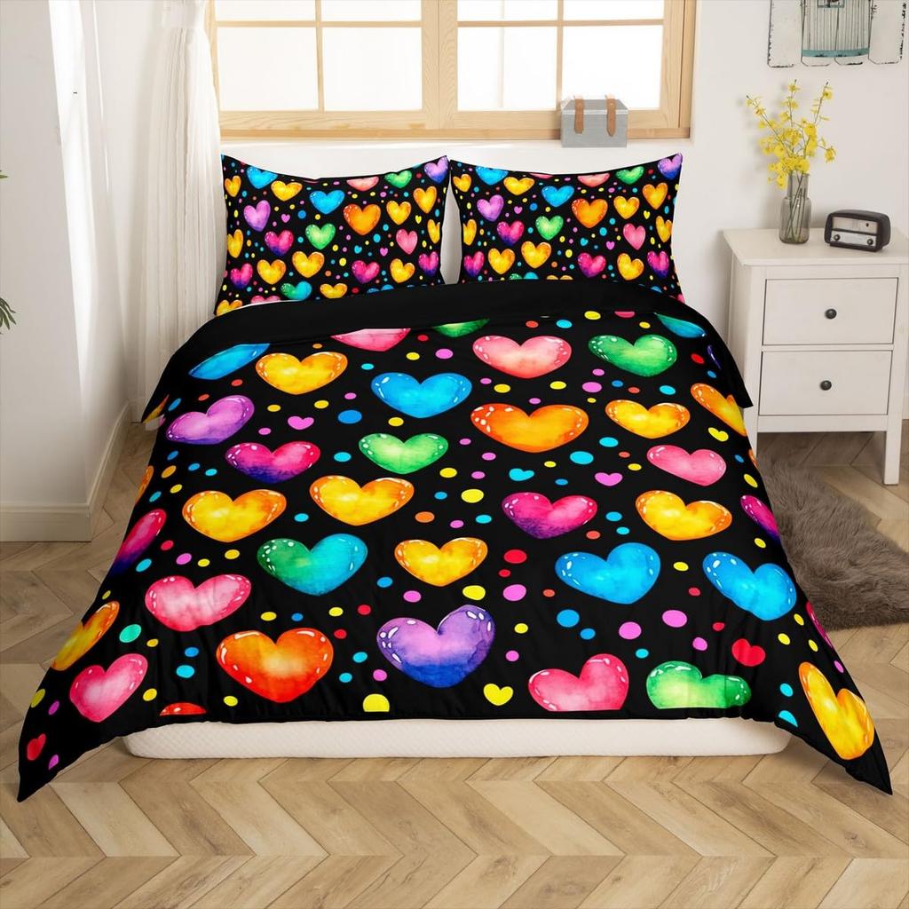 Colorful Rainbow Heart Duvet Cover Sets For Kids Boys Girls Queen Lightweight Quilt Covers Love Heart Bedding Sets Bedroom Decor