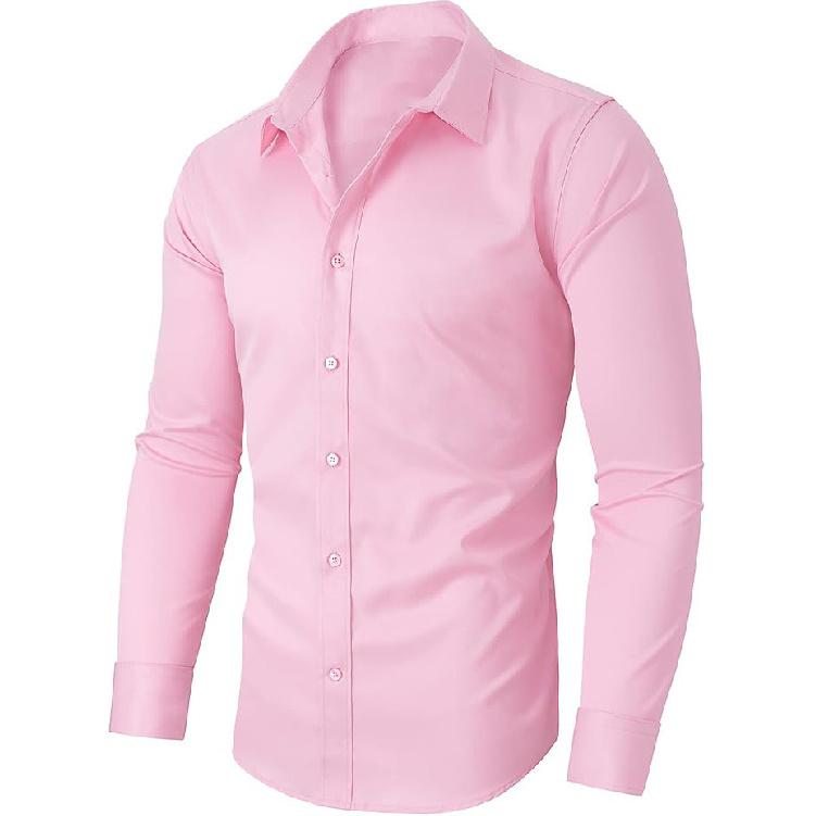 Herren Nicht bügelndes Vier-Wege-Stretch-Hemd, Business Casual Langarm Einfarbiges Herren-Businesshemd 42/M rosa