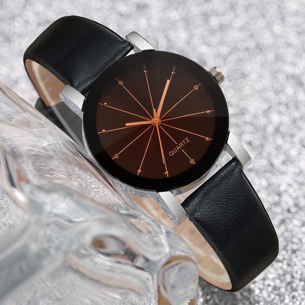 2PCS Fashion Women's Watches Rhinestone Dial Quartz Watch Casual Leather Band Wristwatches