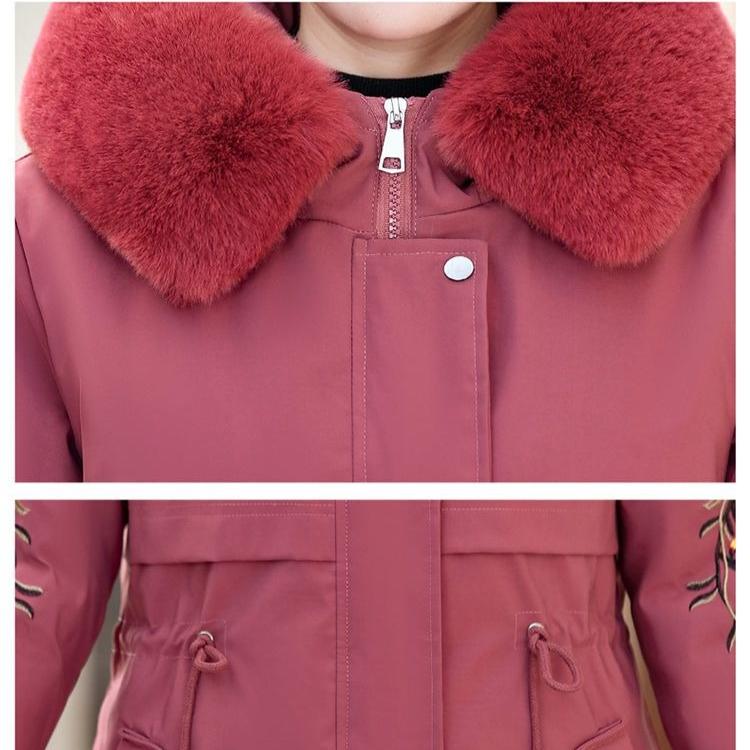Women's Winter Fleece Padded Jacket Thick Warm Mid-Length Embroidered Hooded Padded Coat
