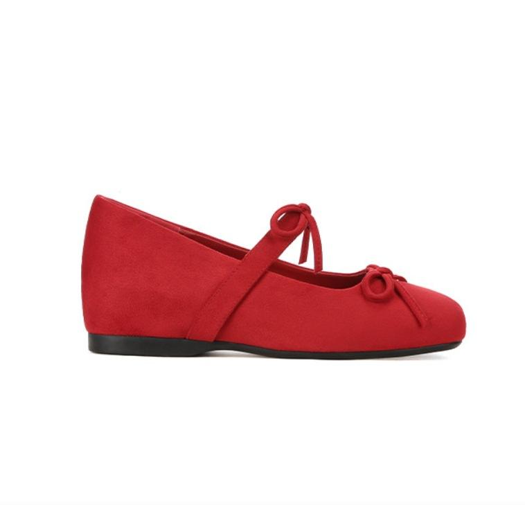 Sheepskin~ 4cm inner height increase shoes square head ballet flats women's shallow mouth versatile French bow Mary Jane shoes