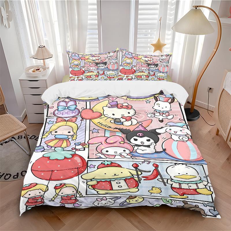 3pcs Friendship and Fun Hello Kitty and Friends Printed Quilt Set Soft and Comfortable Quilt Cover for Bedroom, Guest Room Bedding Set S022