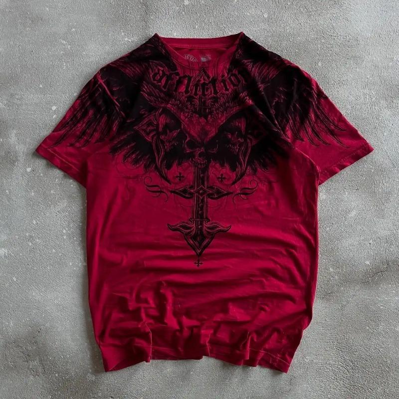 Y2K Red Gothic Thorn Totem Printing Harajuku Style T Shirt High Street Broken Feeling Mens Short Sleeves Couple Collocation