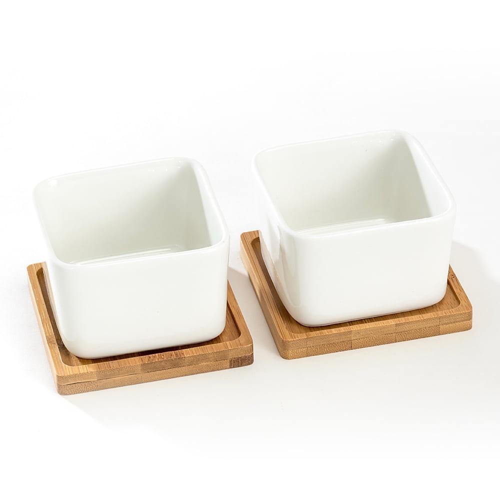 

Set of 2 Square Ceramic Succulent Pots with Bamboo Trays Drainage Holes Ideal Home Office Garden Decor Plants Not Included United States