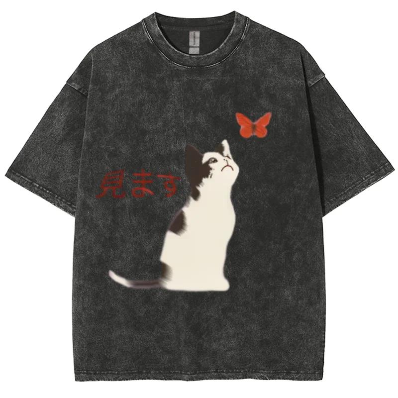 Fit Washed Oversized T-Shirt Casual Women Cotton Washed T-Shirts Summer Beach Simple Cat Print Streetwear Clothes