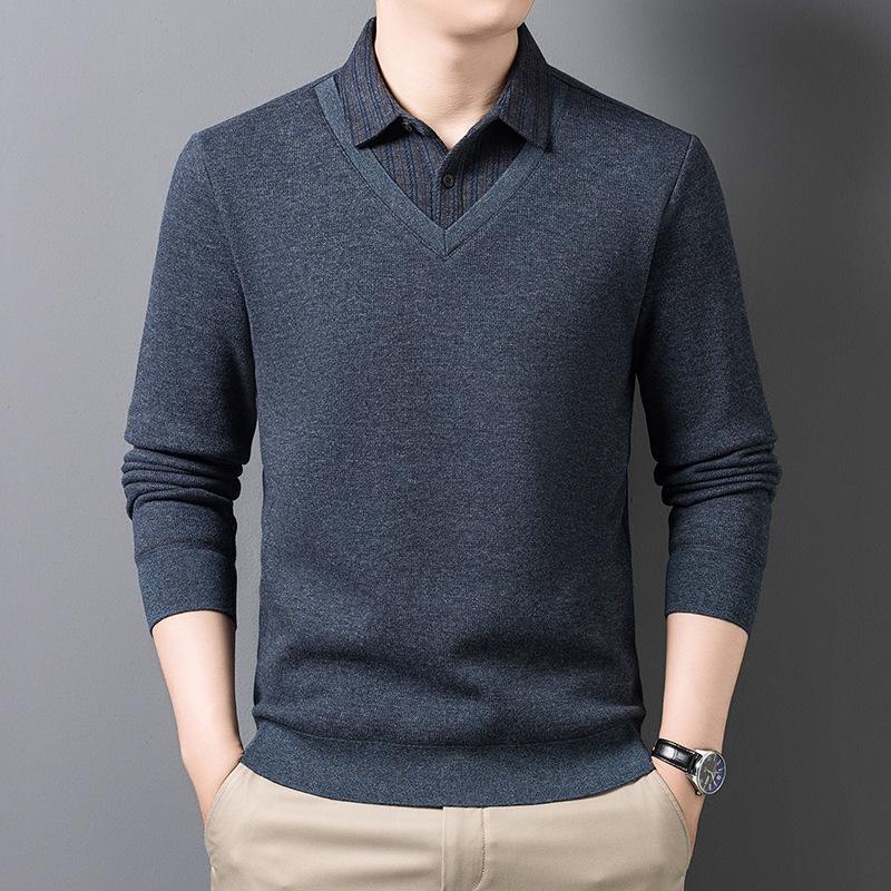 Men s 2025 Autumn/Winter Wool & Velvet Faux Two-Piece Polo Shirt with Business Collar 3XL