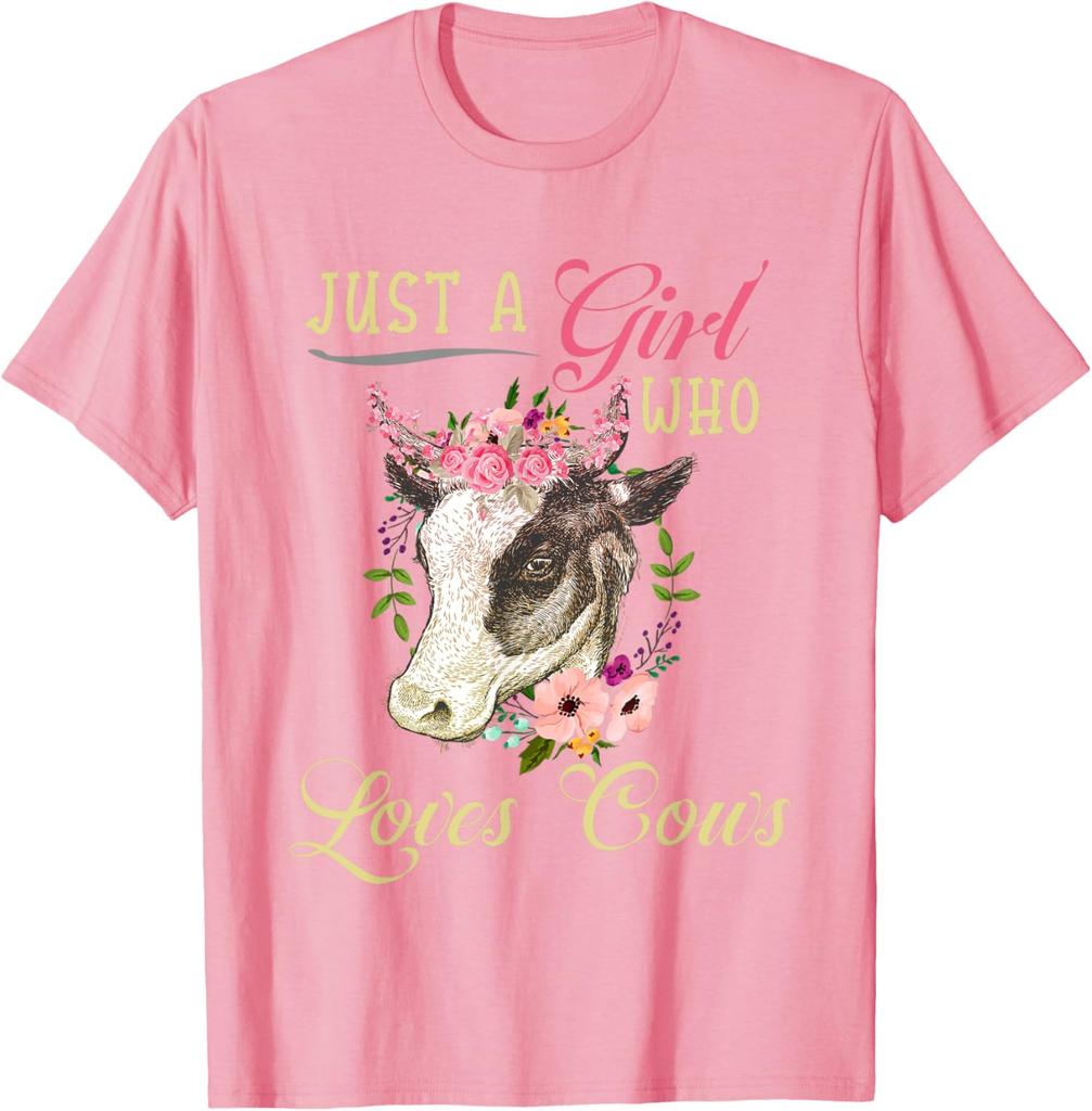 Just a Girl Who Loves Cows Graphic Tee Cute Floral Cow Head Women Casual T-Shirt