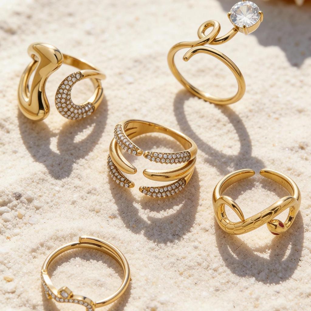 18k Gold-Plated Zirconia Inlaid Stainless Steel Open Ring Set - Modern Fashion Jewelry