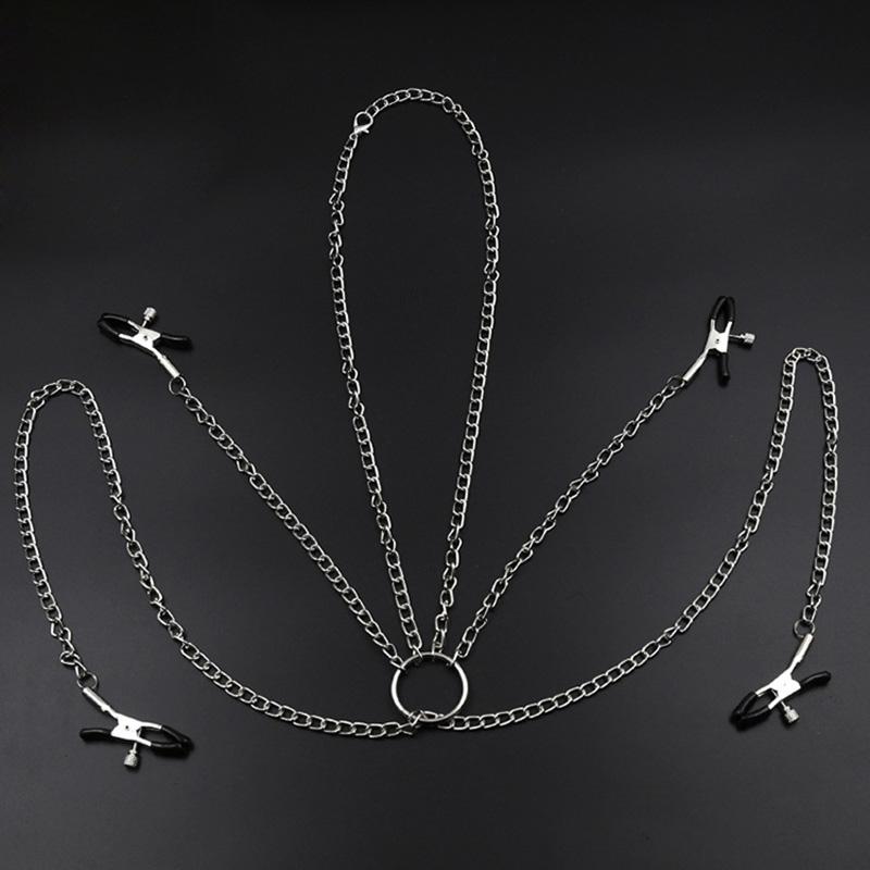 Nipple Clitoris Clamp Labia Clip,BDSM Bondage 4 Metal Clip Chained Shaking Stimulate Massage Breast Sex Toy For Women Adult Game