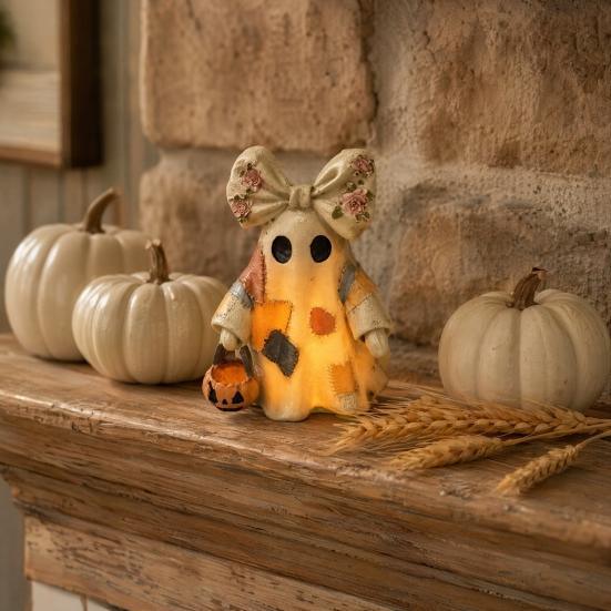 Lighted Vintage Patchwork Ghost LED Light Ghost with Pumpkin Lantern Halloween Decor Vintage