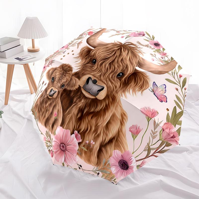 1pc Big Cow and Small Cow Pattern Automatic Umbrella is Fashionable and Good-Looking, a Portable 3-Fold Umbrella, Suitable for Travel and Da