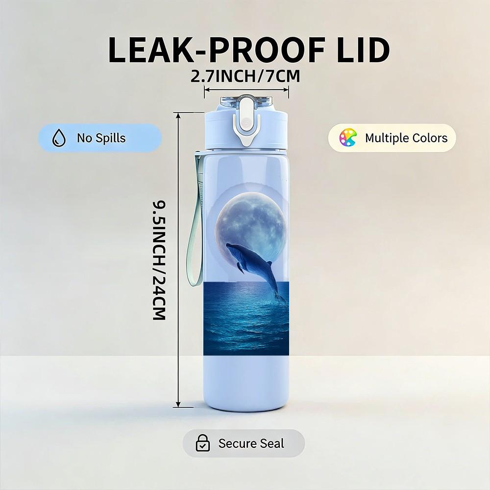 1PC Whale Moon Sea Night Scene Print 750ml Color Plastic Sports Water Bottle Leakproof Flip Straw Lid Suitable for Sports Office Home Use