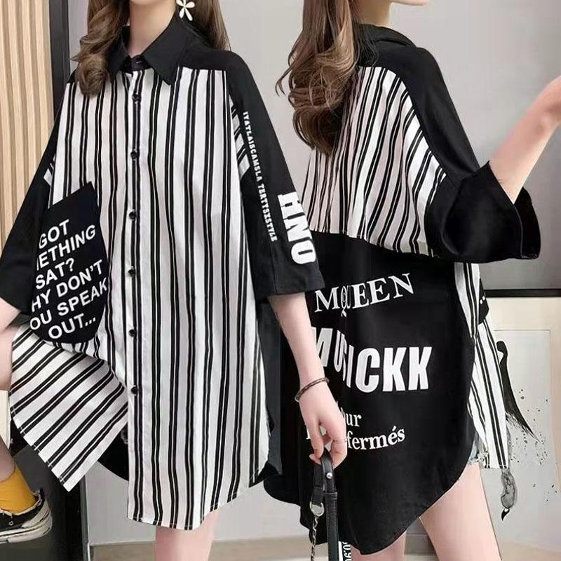 

Полоска Чувство Дизайна Уличная Одежда Тонкая Однобортная Свободного Кроя Средней Длины Женская Рубашка Отложной Воротник Узор с Английскими Буквами 6XL чёрный