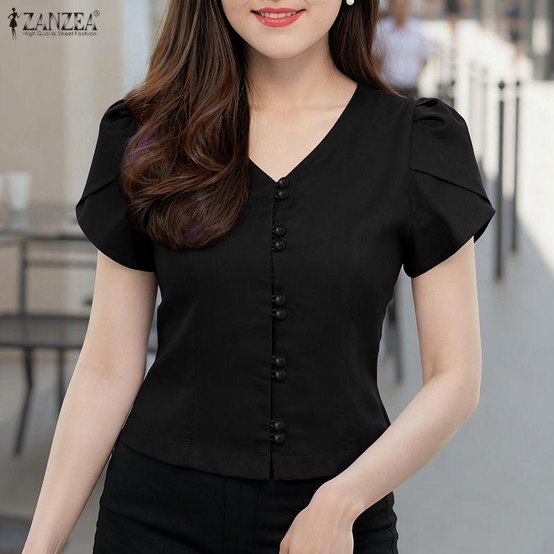 ZANZEA Women Casual V-Neck Solid Color Short Sleeve Blouse