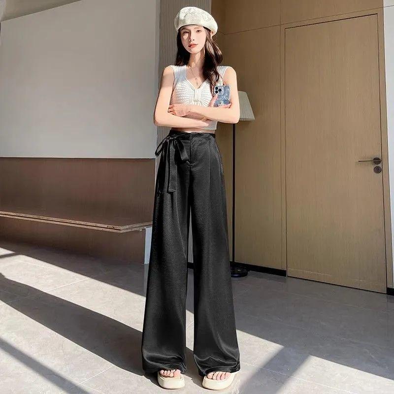 Damen Hochtaillierte Satin-Eis seide Weite Hosen - Sommer Bodenlang mit Bindeband Design