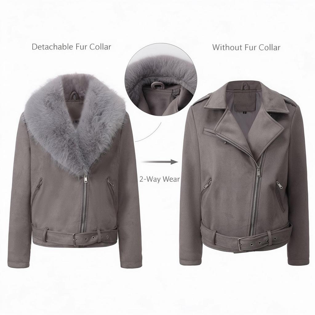 Women’s Faux Fur Coats 2 Way Wear Outfit Detachable Fur Collar Zipper Jacket Matte Faux Suede Crop Top Stylish Motobike Wear