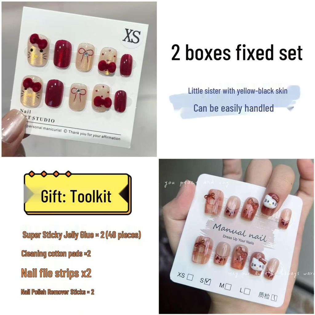 Popular Handmade Heart Bow Pearl Chain Nail Art Tips - Set of 30 Wearable Fake Nails