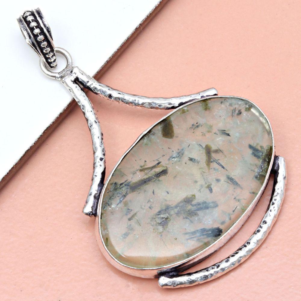 Pendant Prehnite Cabochon Gemstone Gift For Her Silver Jewelry 2.25"