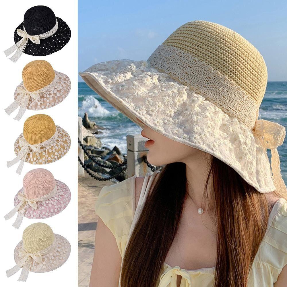 Lace Ribbon Bow Straw Bucket Hat Wide-Brim Fisherman Hat Elegant Beach Hat Outdoor Beach Travel