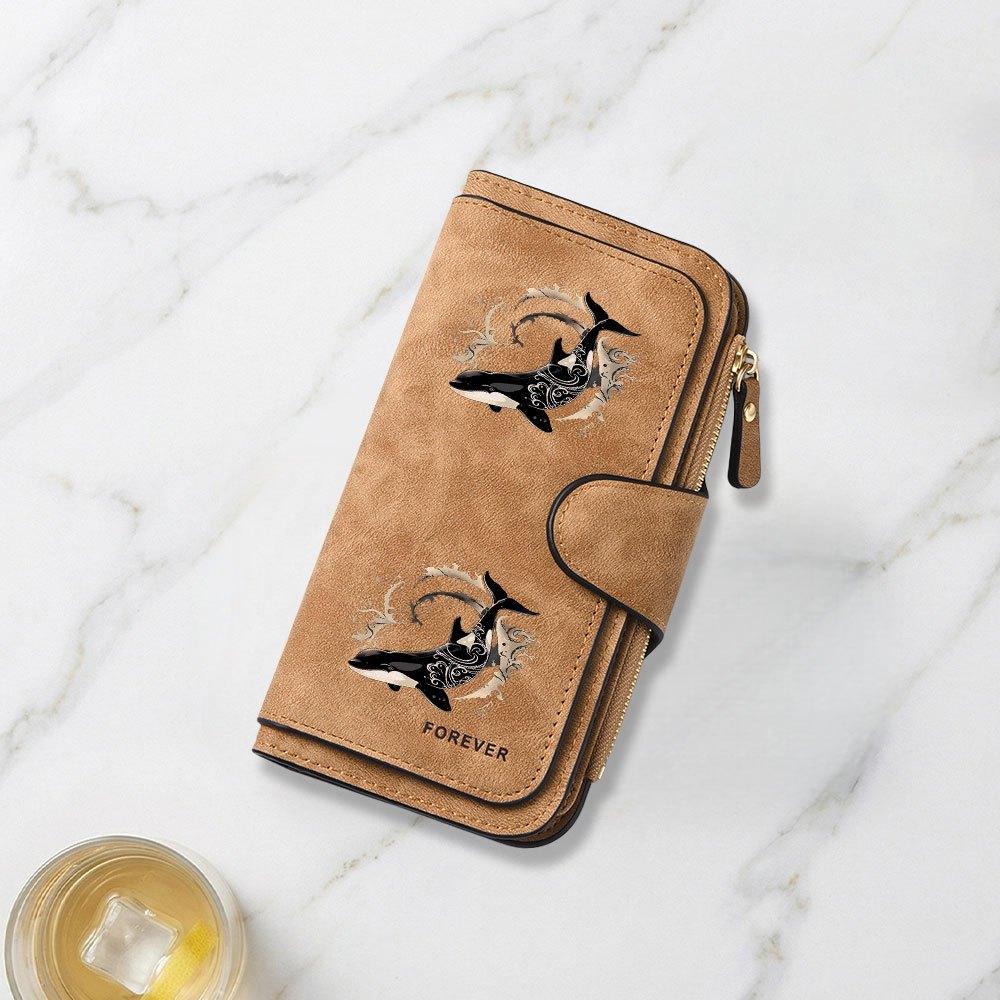 Fashionable Long Wallet with Polar Orca and Water Splash Art Print Design Eye Catching Multifunctional Portable Coin Purse with Clasp Large Capacity