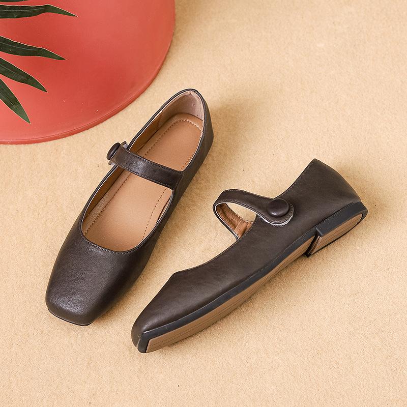 Autumn Square Head Mary Jane Shoes Women'S Burgundy Ballet Soft Leather Retro Versatile Literary Flat Shoes