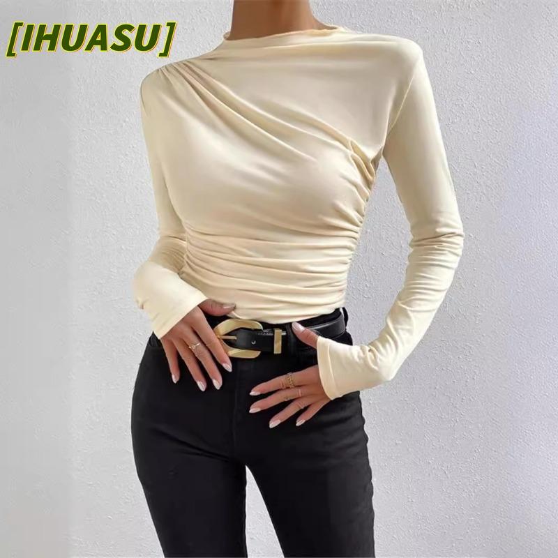IHUASU Women's Fashion Casual Solid Color Print Long Sleeve O-Neck Blouses & Shirts International design