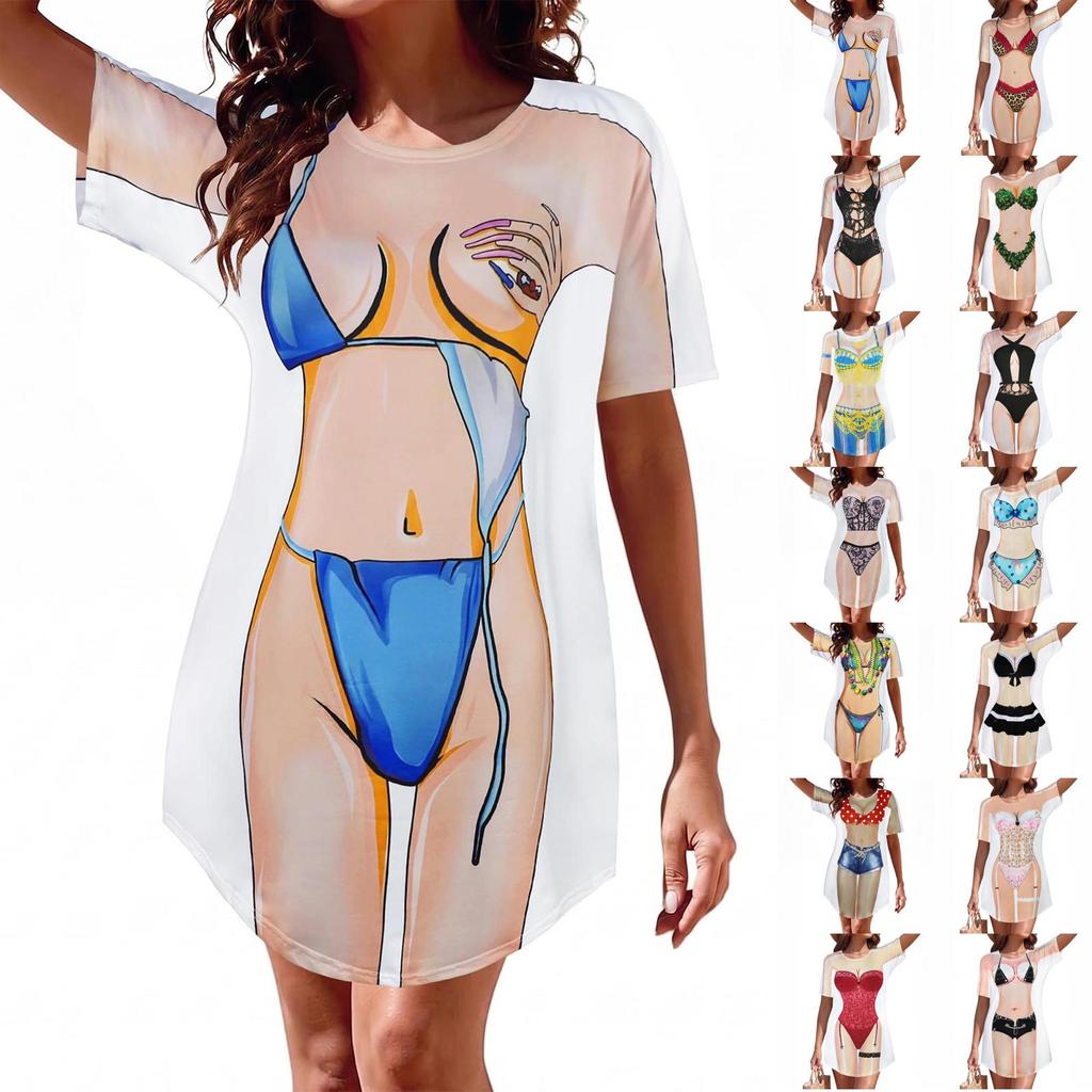 Women's Short Sleeve Printed Beach Cover-Up Shirt, Cute One-Piece Bikini Cover-Up