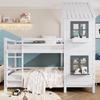 [29590567WAA]Stapelbed met Handgreep en Raam, Huisbed, Kinderbed met Valbescherming en Beschermhek, Grenen Frame, Wit (90x200cm)