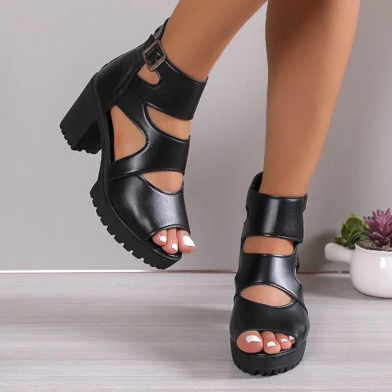 High Heel Sandals Female Gladiator Sexy Black Square Buckle Chunky Heel Platform Shoes Summer Back Zipper Women's Sandals