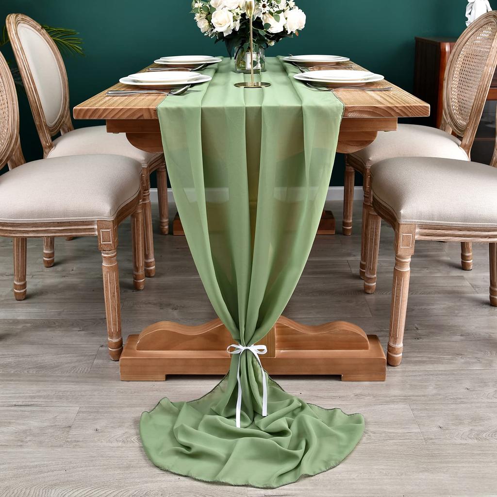 Sage Green Chiffon Wedding Table Runner Table Setting Gauze Sheer Vintage Dining Birthday Party Cake Table Decor Marriage