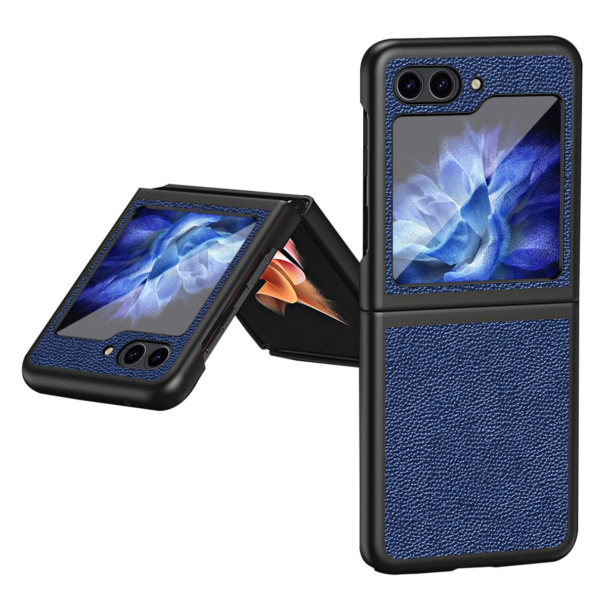 

For Samsung Galaxy Z Flip5 5G PU Leather Coated PC Case Litchi Texture Protective Phone Cover Sapphire