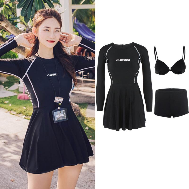 Korean Style Long Sleeve Skirted One-Piece Bikini Swimsuit with Sun Protection - Women s Conservative Slimming Swimwear 2XL