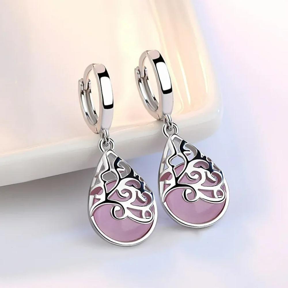 New Trendy Opal Stone Flower Silver Color Ladies Drop Earrings Fashion Jewelry for Women Valentines Day Gifts
