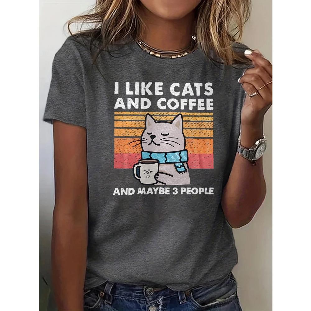 I Like Cats Coffee Women's Tee - Retro Cat Graphic Mauve Top