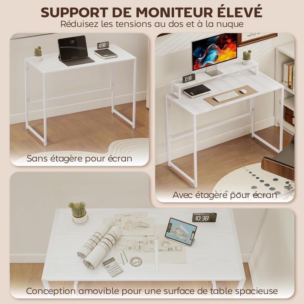 Folding Computer Desk with Monitor Stand, 100 x 48 x 87.5 cm, White