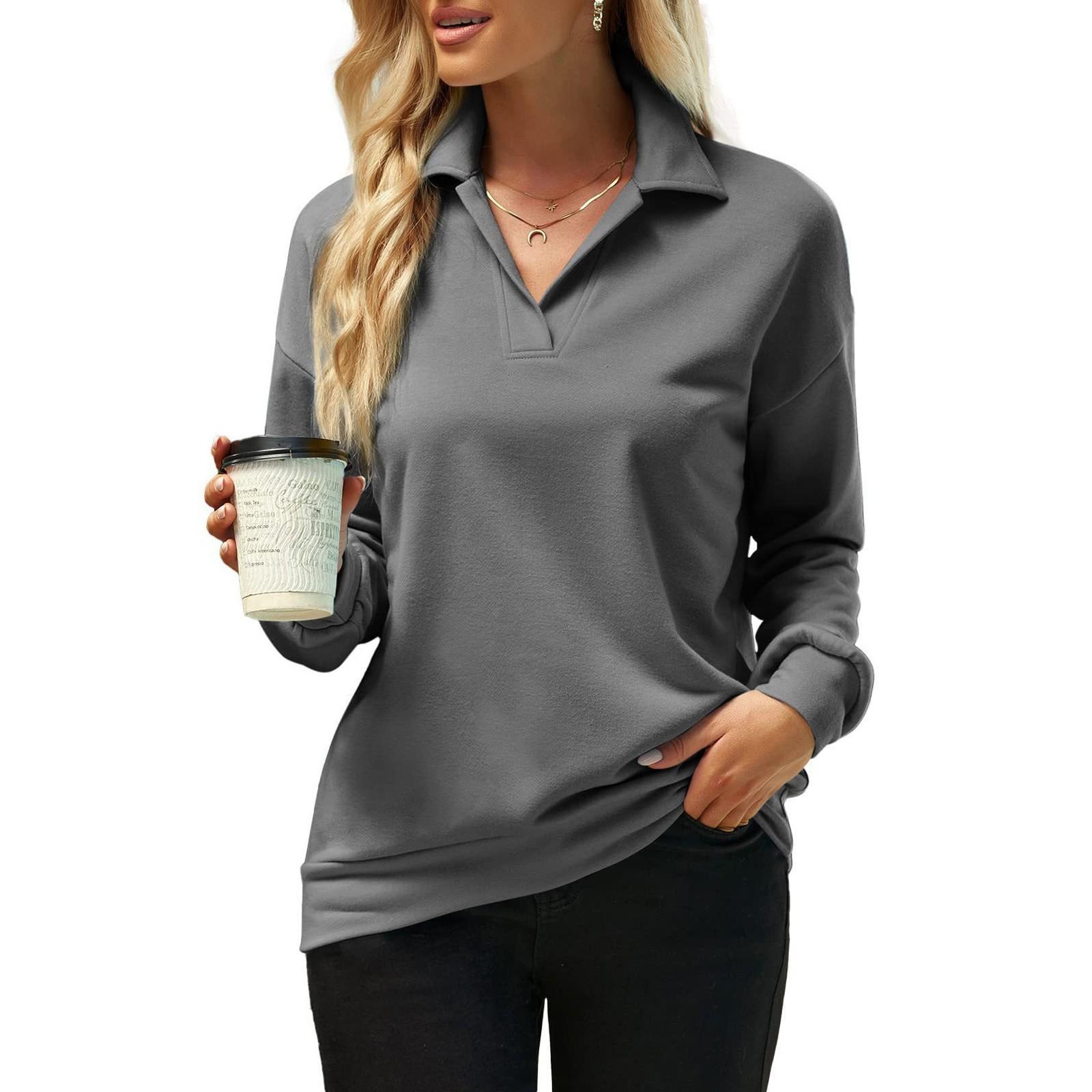 

Женская мода с v-образным вырезом и стоячим вырезом, однотонная толстовка с длинными рукавами, топ L серый