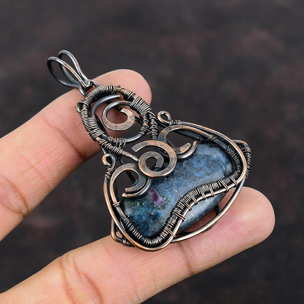 Ruby In Blue Kyanite Pendant Copper Wire Wrapped Pendant Decent Pendant Handmade Wire Wrap Jewelry Brand New Pendant Gemstone Copper Jewelry