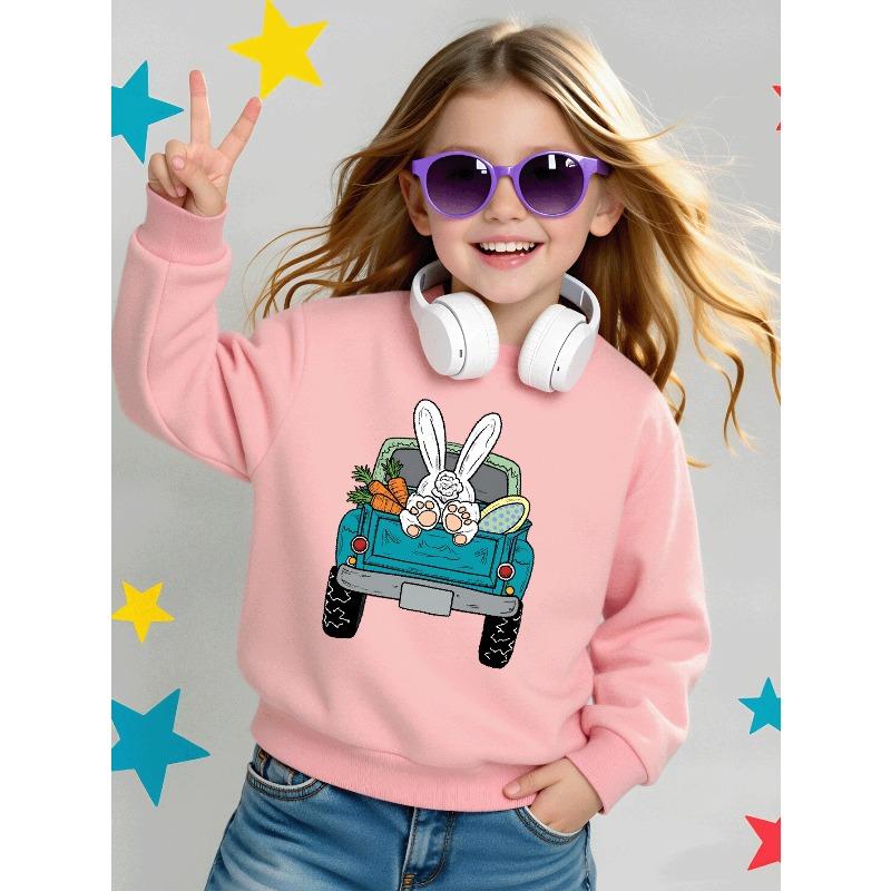 Kids Crewneck Long Sleeve Sweatshirt,Easter Bunny Driving Truck With Carrots Print