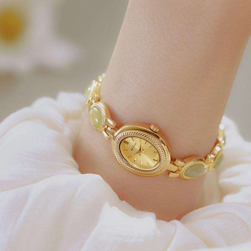 Women Retro Green Jade Gemstone Bracelet Watch, Vintage Oval Quartz Ladies Dress Wrist Watch with Gold Alloy Jewelry Strap