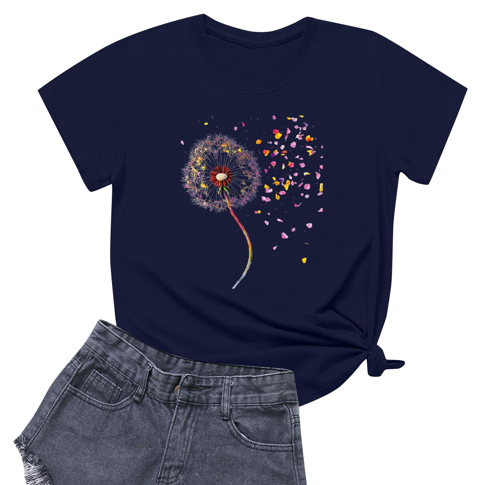 

Женская повседневная футболка с круглым вырезом и короткими рукавами с принтом L тёмно-синий