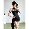 # Sisjuly# Korean Series Sexy Screen Oriole Qianying Fishbone Patchwork Gauze Transparent Ribbon Hanging Neck Dress