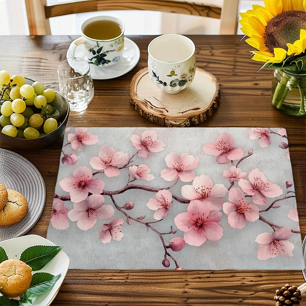 4/6pcs Retro Pink Cherry Blossoms Placemats Table Mats, 12x18in Heat-Resistant Table Place Mats, Decorative Washable Table Placemats