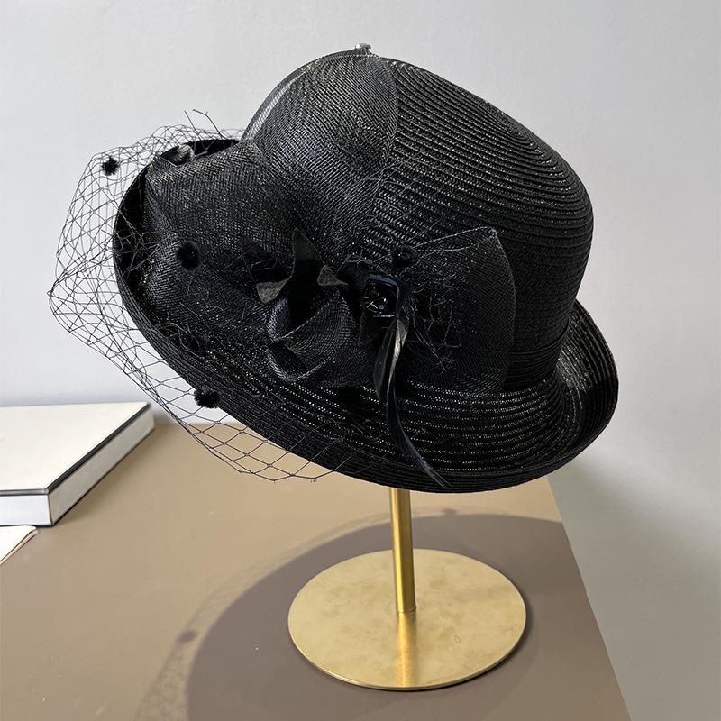 Women's French Rolled Edge Mesh Bow Grass Hat Spring Summer Outdoor Sun Protection Hat Stylish Gardening Cap