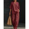 Women's Linen Two-Piece Set V-Neck Short Sleeve Blouse & Wide Leg Pants Casual Summer Outfit