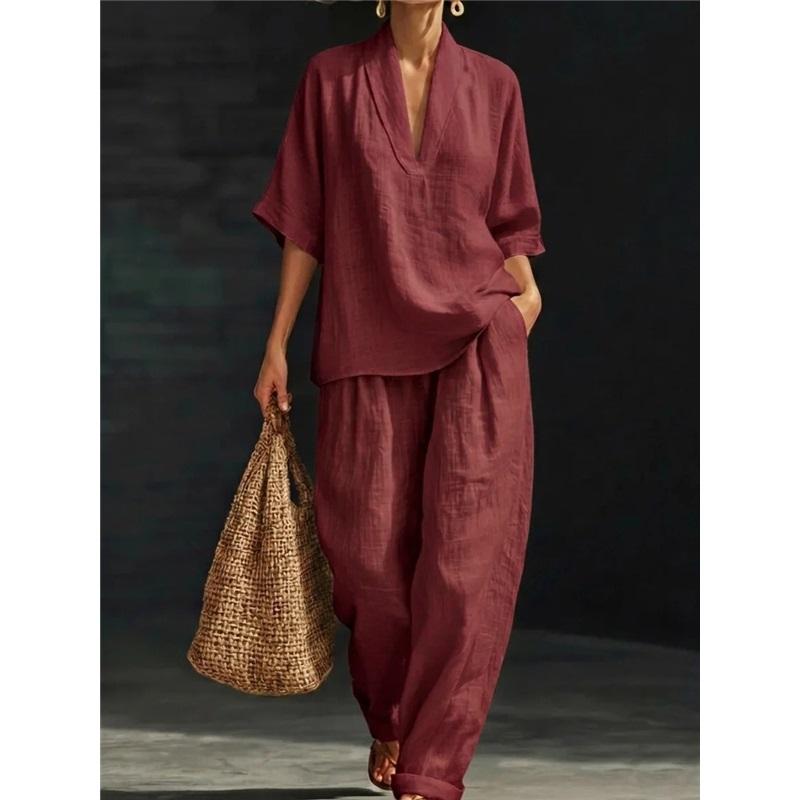 Women's Linen Two-Piece Set V-Neck Short Sleeve Blouse & Wide Leg Pants Casual Summer Outfit