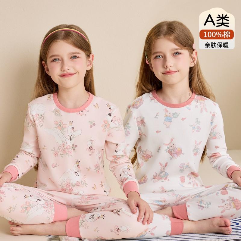 Girls Cotton Thermal Underwear Set A Class Kids Winter Warm Loungewear Cartoon Print